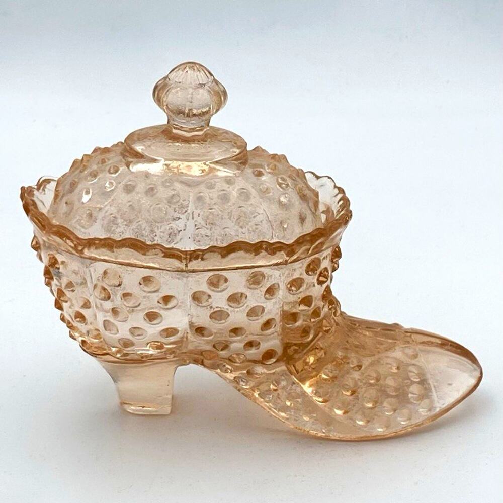 Pink Hobnail Glass Shoe Shaped Covered Bowl Candy Dish w/ Lid 7in x 5in